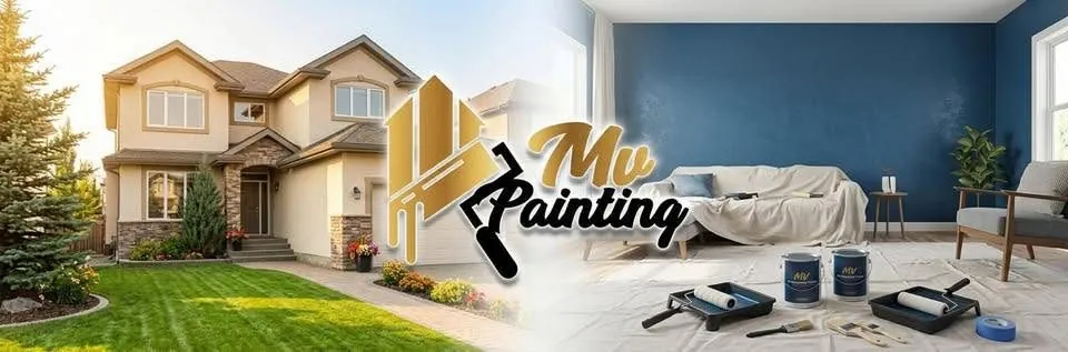 MV Painting Inc. banner showing a freshly painted Calgary home exterior and an interior painting project with professional tools
