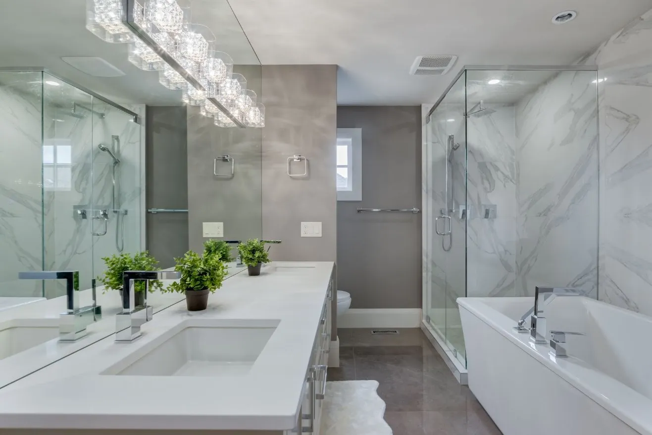 Bathroom with fresh paint and marble shower in Calgary