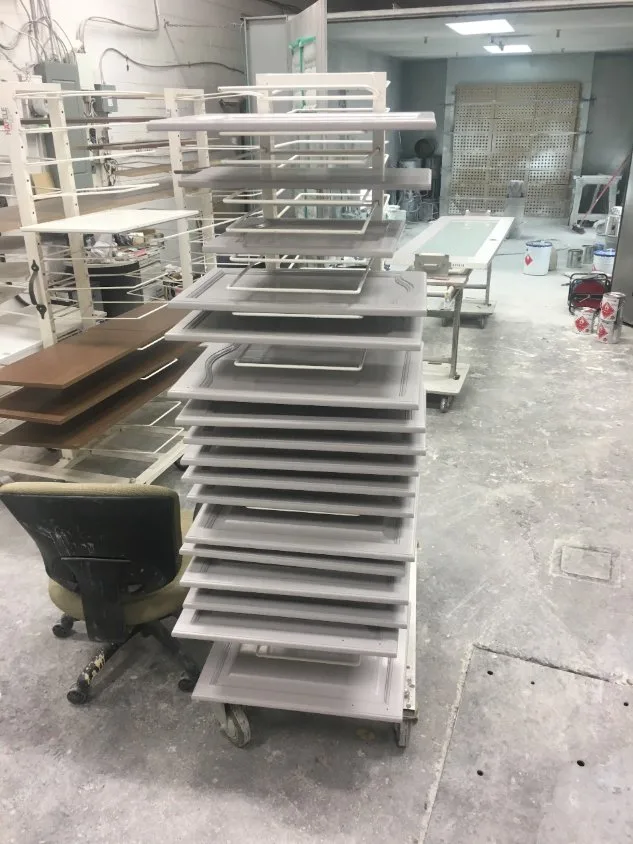 Cabinet doors sprayed in the MV Painting Inc. shop spray booth, Calgary