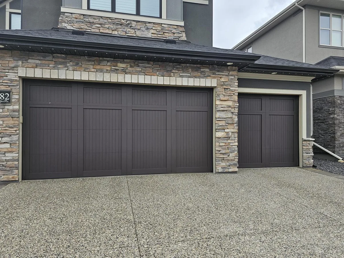 Refinished garage door with Cordovan Brown exterior stain, Calgary