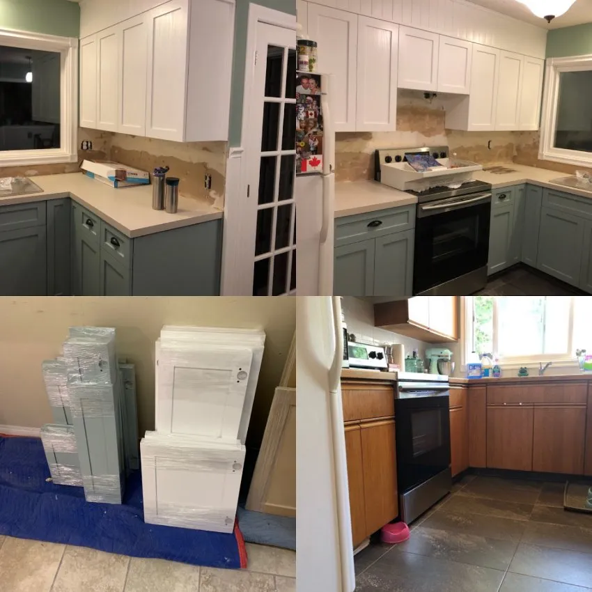 Before and after collage of kitchen cabinets refinished in two tones, Calgary
