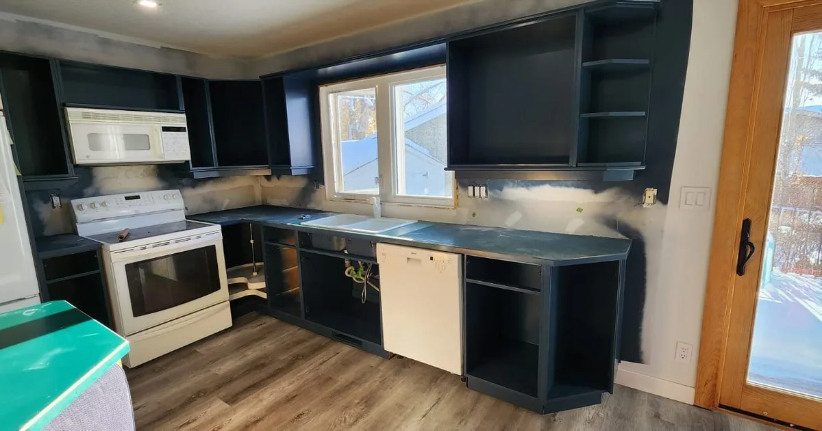 Refinished kitchen cabinets with a smooth factory-like finish, Calgary