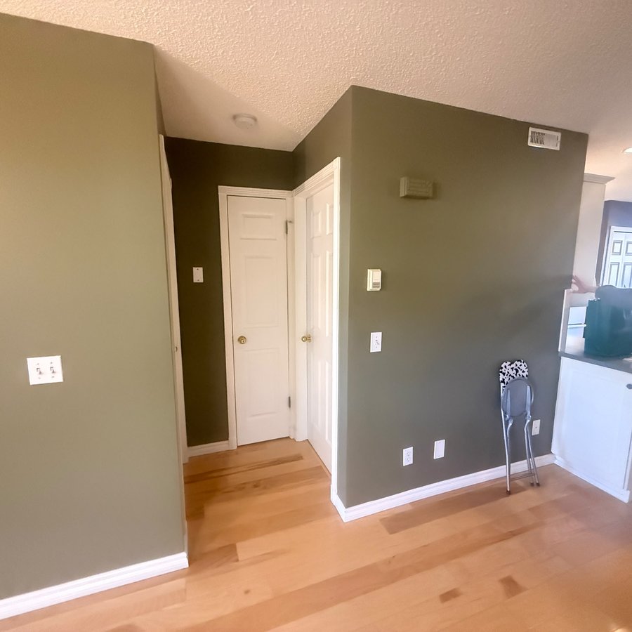 Hallway with dark olive walls before repainting in Mount Pleasant, Calgary